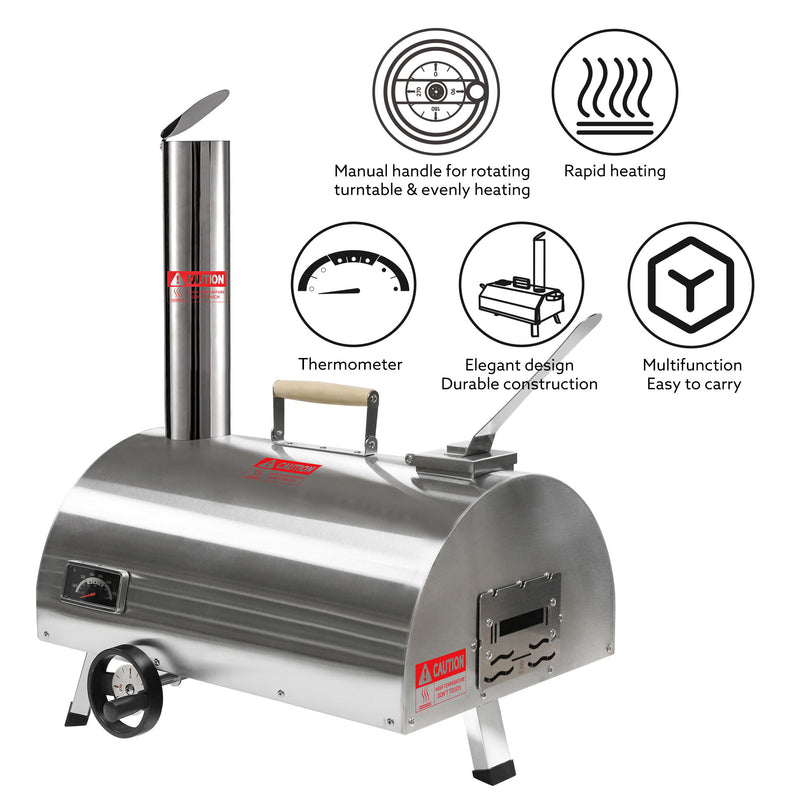 Silver Pizza Oven Outdoor 12" Semi-Automatic Rotatable Pizza Ovens Portable Stainless Steel Wood Fired Pizza Oven Pizza Maker With Built-In Thermometer Pizza Cutter Carry Bag - Silver