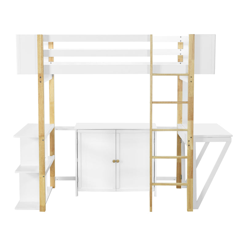 Twin Size Wood Loft Bed With Built-in Storage Cabinet and Cubes, Foldable desk, White