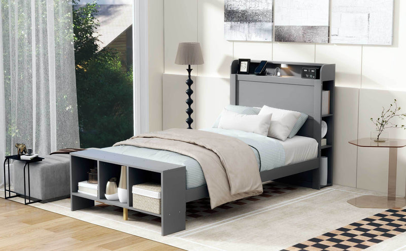 Twin Size Platform Bed with built-in shelves, LED Light and USB ports, Gray