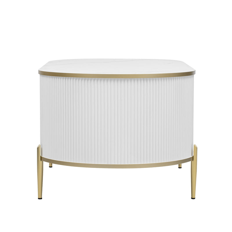 Modern Luxury Oval Shaped Fluted Coffee Table, Marble - Patterned Top Coffee Table With 2 Cabinets, Metal Legs And Handles For Living Room