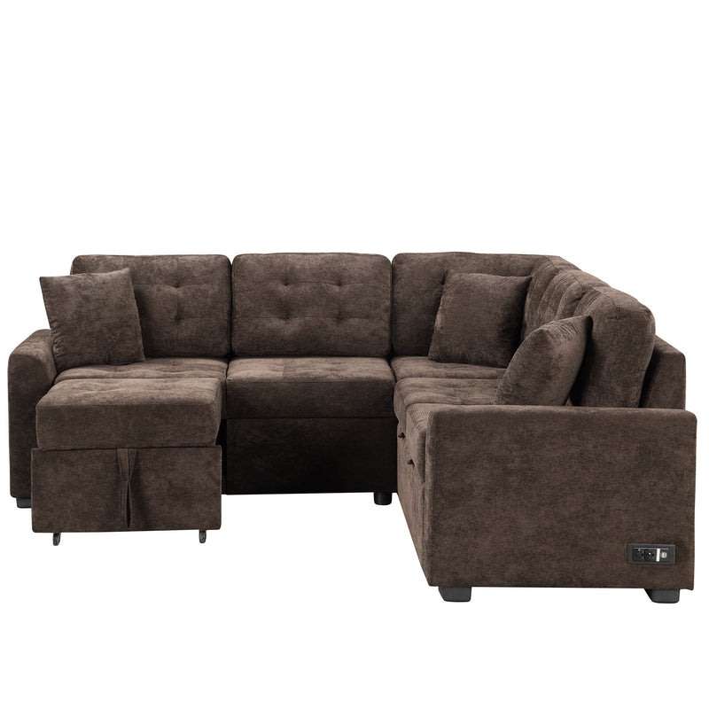 L-Shape Sofa Bed Pull-Out Sleeper Sofa With Wheels, USB Ports, Power Sockets For Living Room