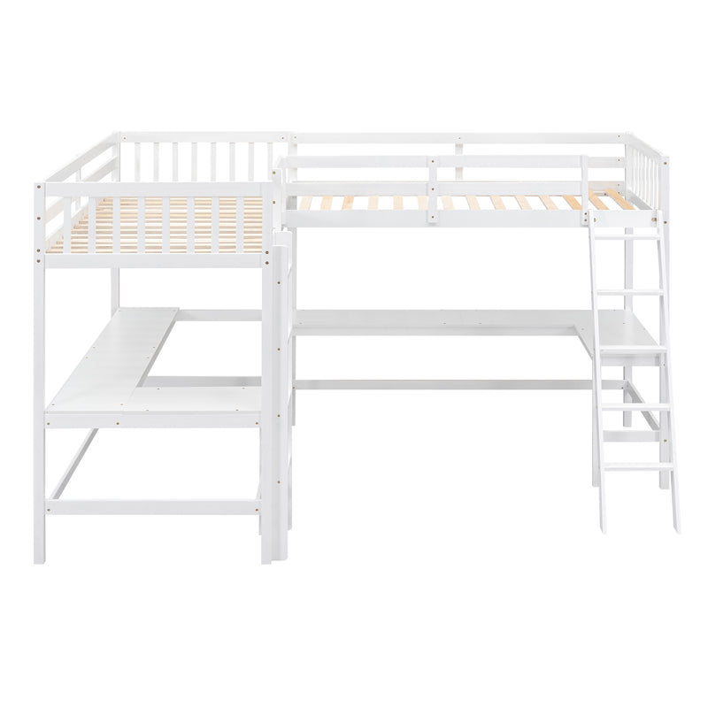 Wood Twin Size L-Shaped Loft Bed with Ladder and 2 Built-in L-Shaped Desks, White