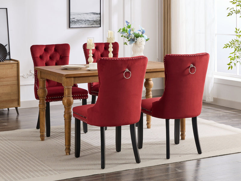 Classic Velvet Dining Chairs, High-End Tufted Solid Wood Contemporary Velvet Upholstered Dining Chair With Wood Legs Nailhead (Set of 2) - Burgundy