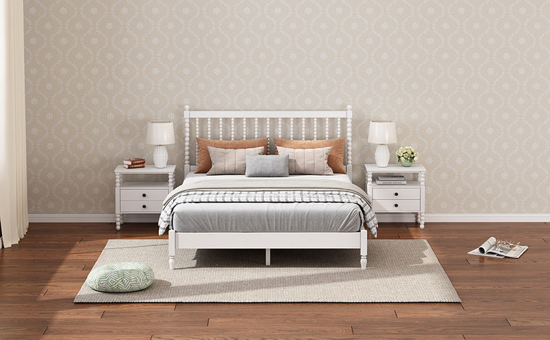 Queen Size Wood Platform Bed with Gourd Shaped Headboard, Antique White