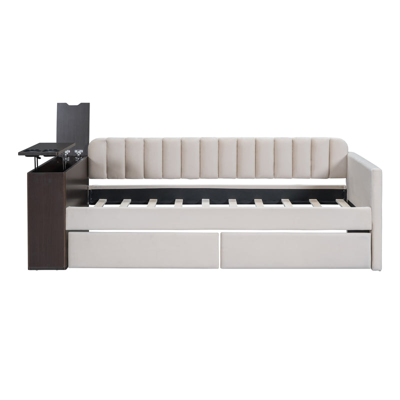 Twin Size Upholstered Daybed with Storage Armrest and 2 Drawers, Multi-functional Daybed with Cup Holder and a set of USB Ports and Sockets, Beige