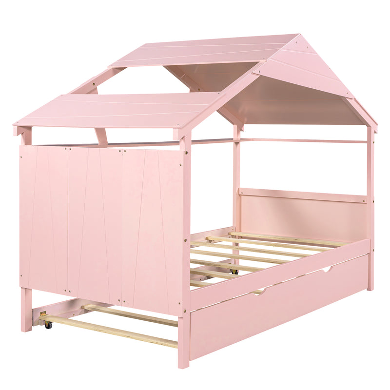 Wood Twin Size House Bed with Trundle and Storage, Pink