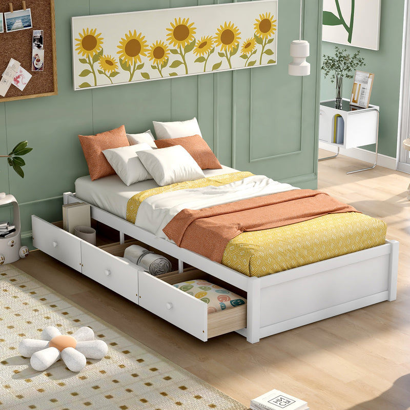 Twin Size Platform Storage Bed with 3 Drawers,White