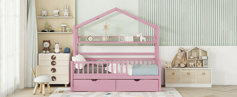 Wooden Twin Size House Bed with 2 Drawers,Kids Bed with Storage Shelf, Pink