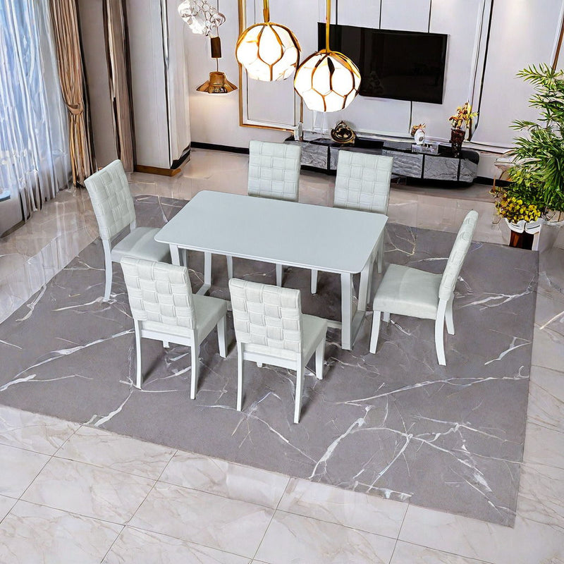 7 Pieces Dining Set Include 6 Chairs linen & Rubber Wood Legs And 1 Table - Light Beige