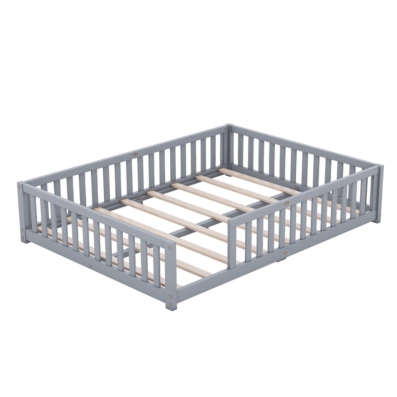 Queen Size Bed Floor Bed with Safety Guardrails and Door for Kids, Gray