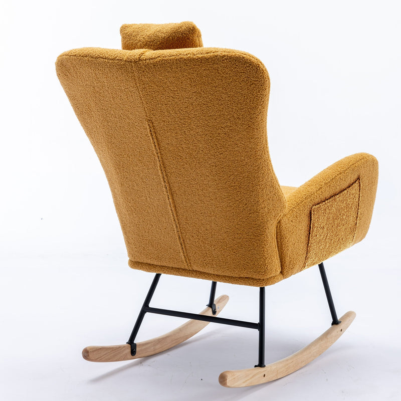 35.5" Rocking Chair With Pocket, Soft Teddy Fabric Rocking Chair For Nursery, Comfy Wingback Glider Rocker With Safe Solid Wood Base For Living Room Bedroom Balcony - Turmeric