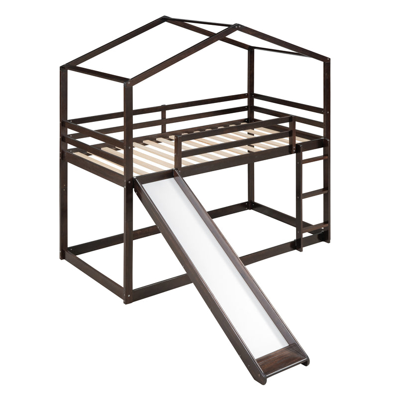 Twin Over Twin Bunk Bed with Roof, Slide and Ladder, Espresso