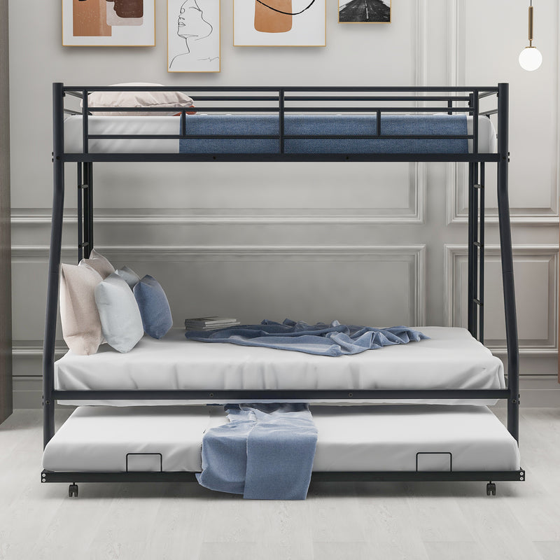 Twin over Full Bed with Sturdy Steel Frame, Bunk Bed with Twin Size Trundle, Two-Side Ladders, Black(OLD SKU:MF194424AAB)