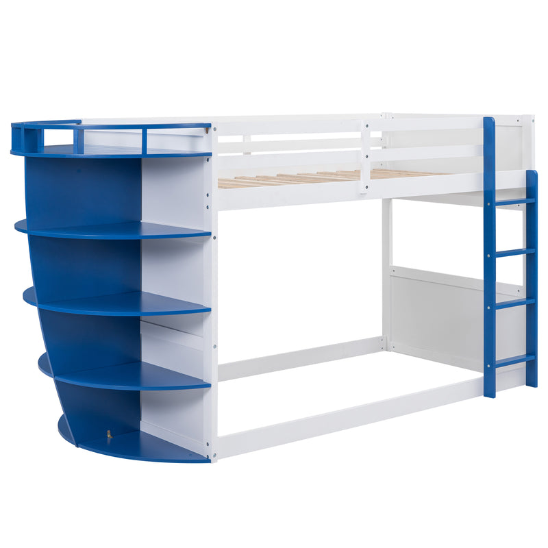 Twin over Twin Boat-Like Shape Bunk Bed with Storage Shelves, White+Blue