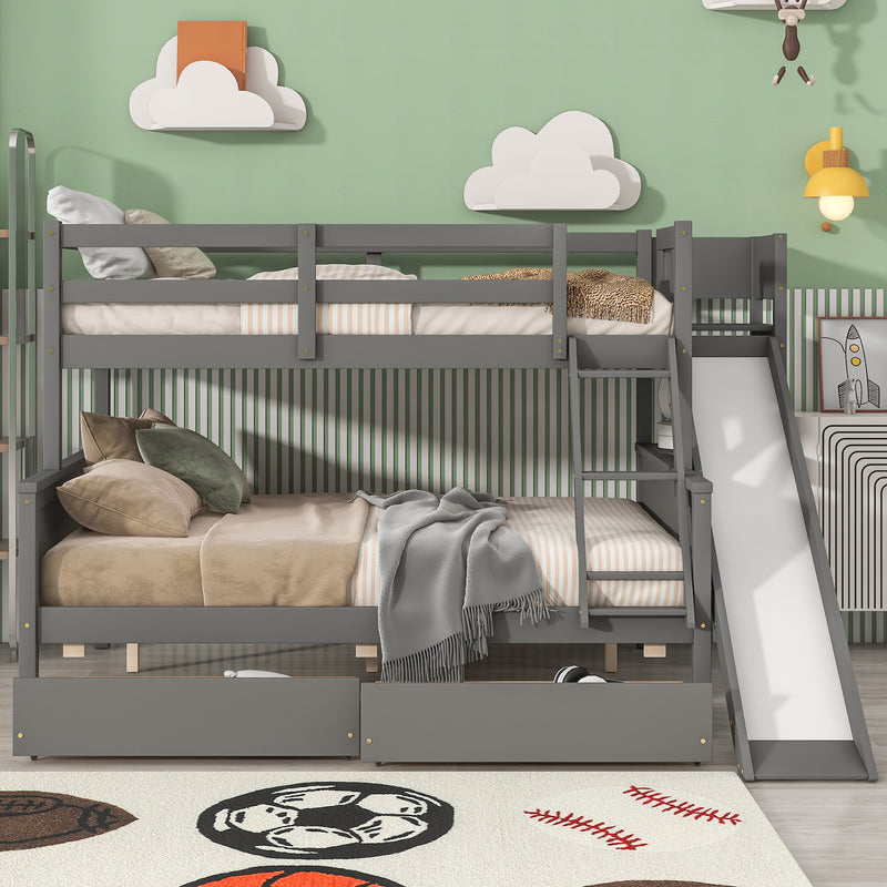 Twin over Full Bunk Bed with 2 Drawers,Slide,Shelves Grey