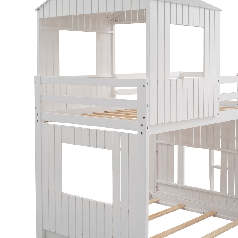 Wooden Twin Over Full Bunk Bed, Loft Bed with Playhouse, Farmhouse, Ladder, Slide and Guardrails, White(OLD SKU :LT000028AAK)