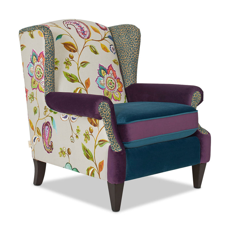 Anya - Boho Chic Wingback Accent Arm Chair - Floral / Leopard / Blue Teal / Purple