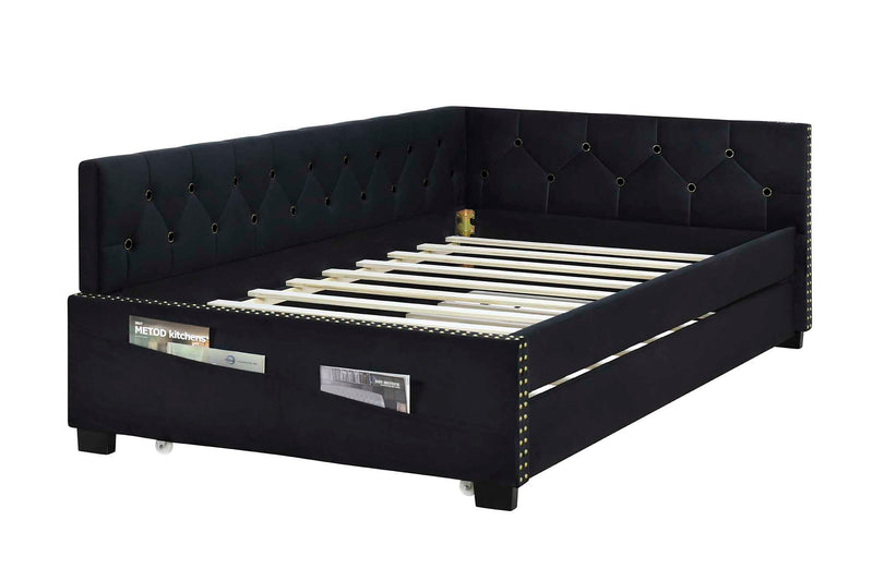 Upholstered Twin Size Daybed Bed Frame (Corner Bed) With Trundle, Velvet Fabric, Studding Design, No Box Spring Required