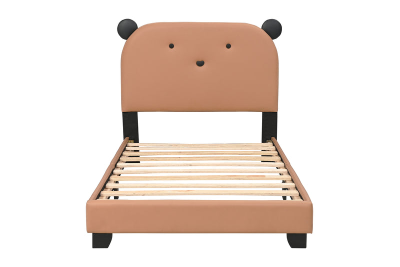 Upholstered Twin Size Platform Bed for Kids, with Slatted Bed Base, No Box Spring Needed, Brown color, Bear Design