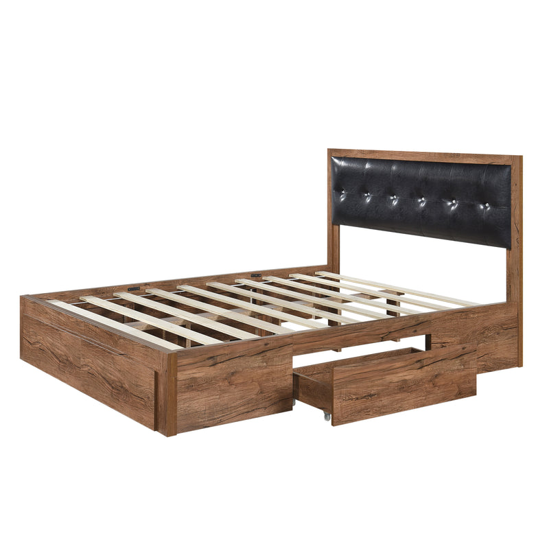 Queen Size Wood Platform Bed with Upholstered Headboard and 4 Drawers