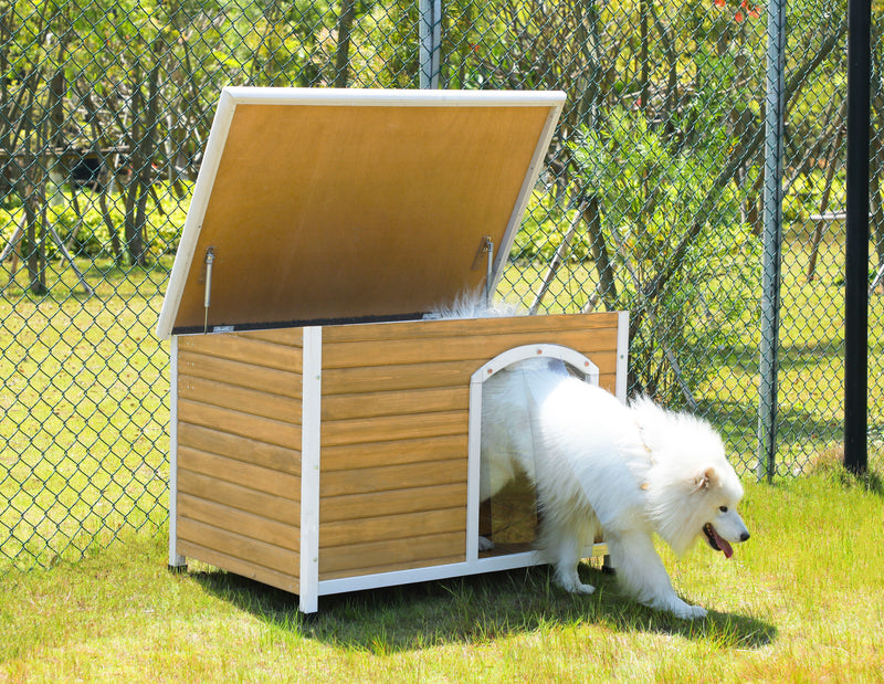 Large Wooden Outdoor Dog House, Waterproof Roof, Elevated Floor, Adjustable Plastic Feet - Yellow