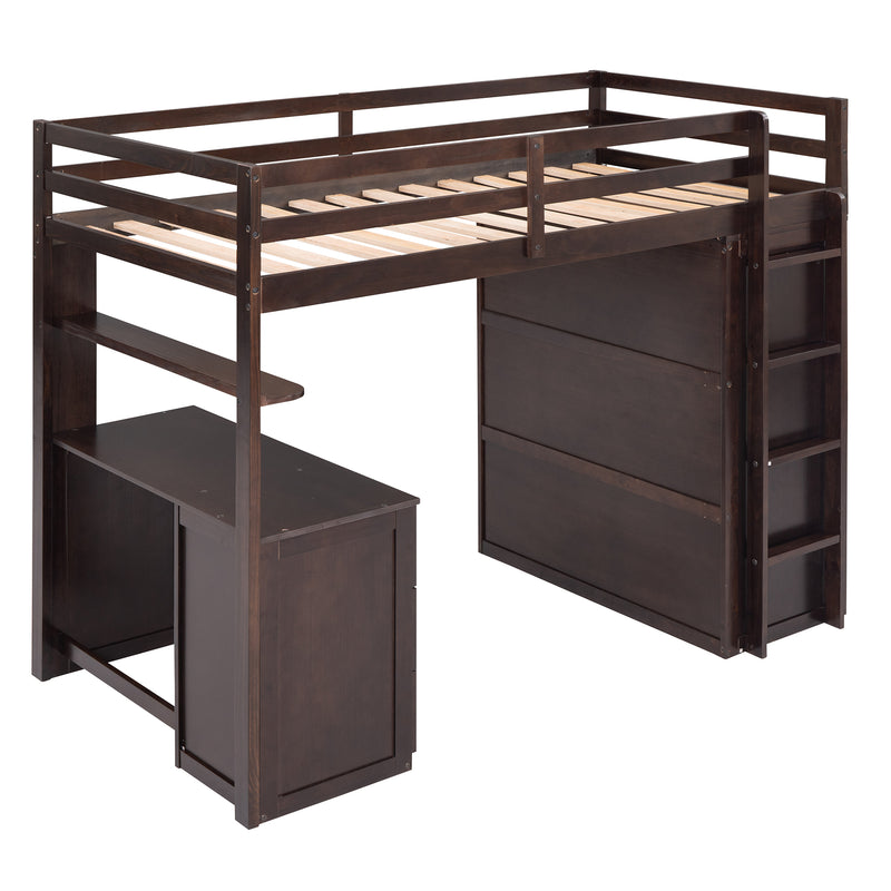 Twin size Loft Bed with Drawers,Desk,and Wardrobe-Espresso