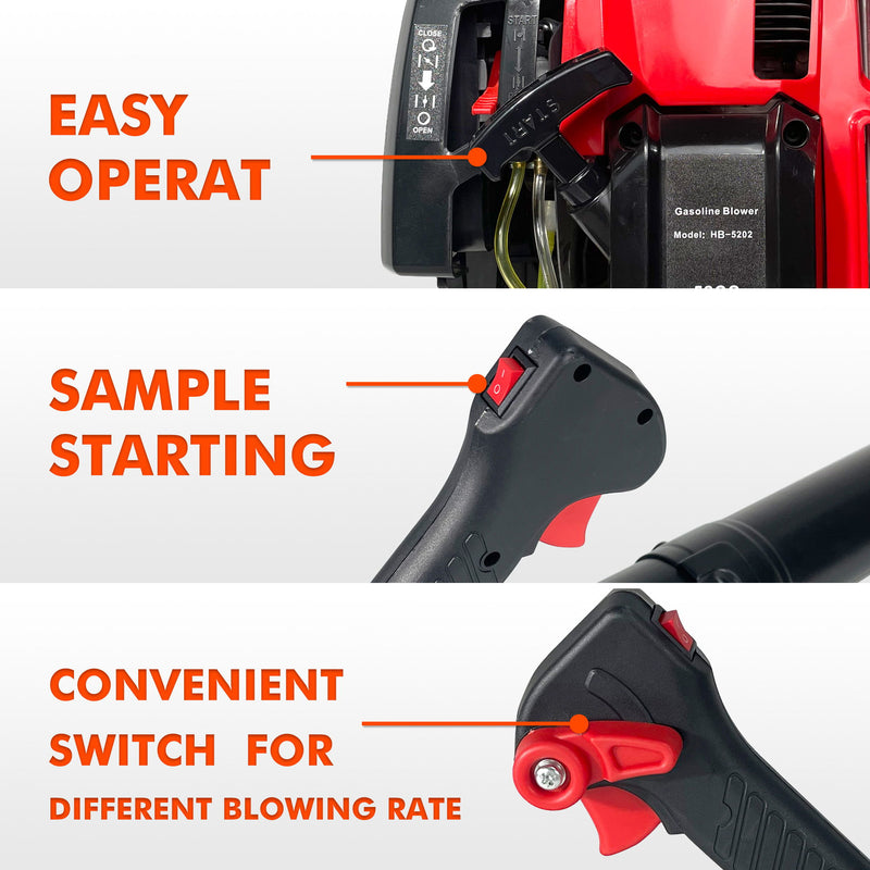 Backpack Leaf Blower, 52Cc, 530Cfm, 175Mph, 2 Stroke Air Cooling Gasoline Backpack Grass Blower, Snow Blower Epa Compliant - Red