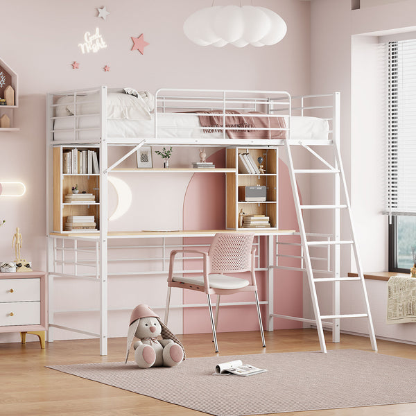 Twin Size Loft Bed with Desk and Shelf , Loft Bed with Ladder,Twin,White