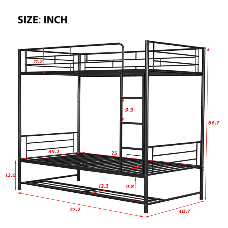 Twin Over Twin Metal Bunk Bed With Shelf And Guardrails