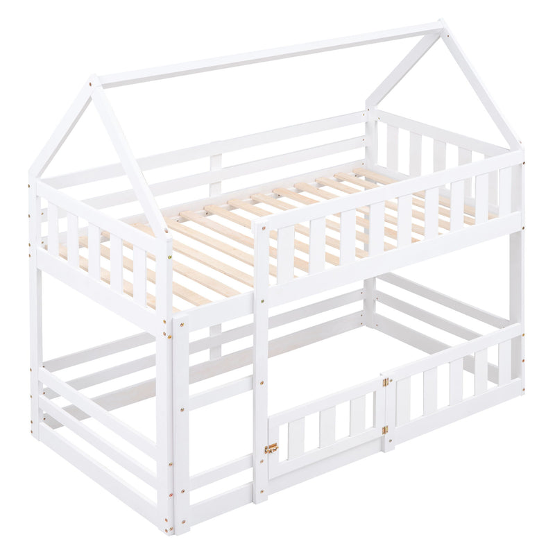 Twin Over Twin House Bunk Bed With Fence And Door - Gray