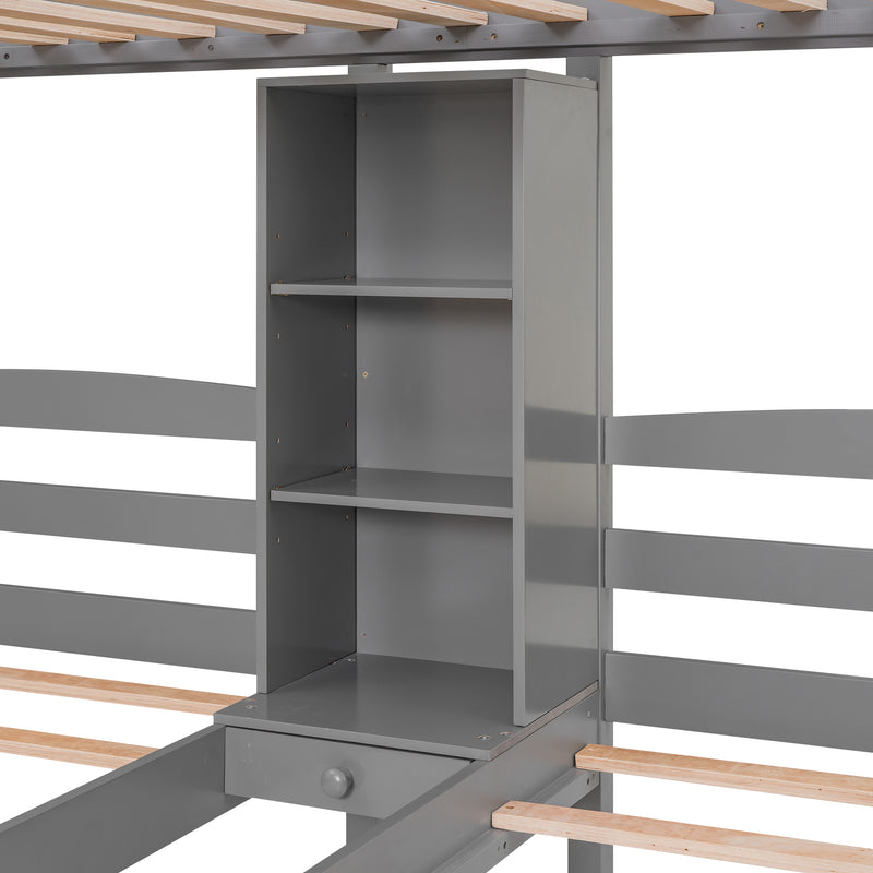 Twin over Twin&Twin Bunk Bed, Triple Bunk Bed with Drawers, Staircase with Storage, Built-in Shelves, Gray