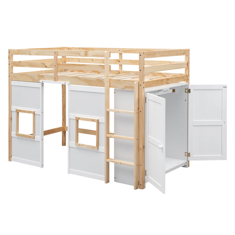 Wood Twin Size Loft Bed with Built-in Storage Wardrobe and 2 Windows, Natural/White