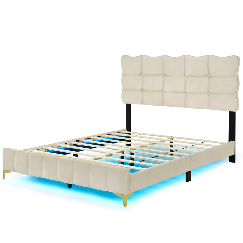 Queen Size Velvet Platform Bed with LED Frame and Stylish Mental Bed Legs, Beige