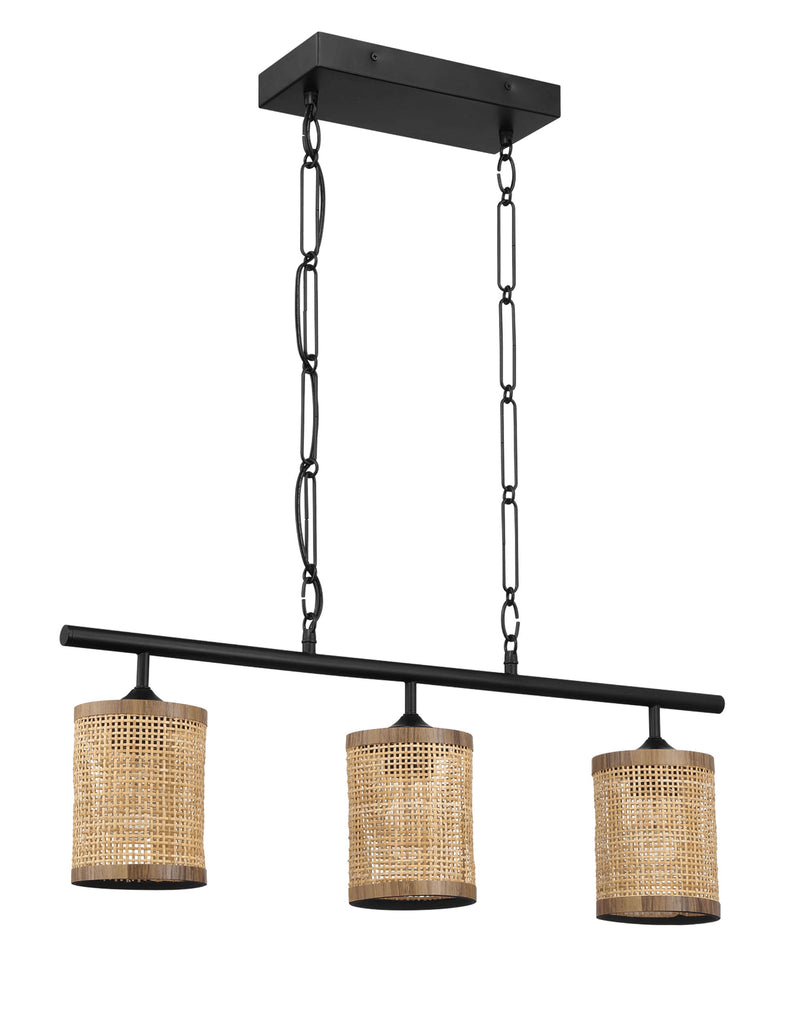 Elysian - 3 Lights Island With Natural Shade Farmhouse Chain Ceiling Lamp - Black / Rattan