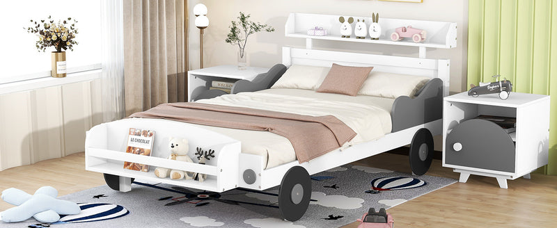 Twin Size Car-Shaped Platform Bed,Twin Bed with Storage Shelf for Bedroom,White