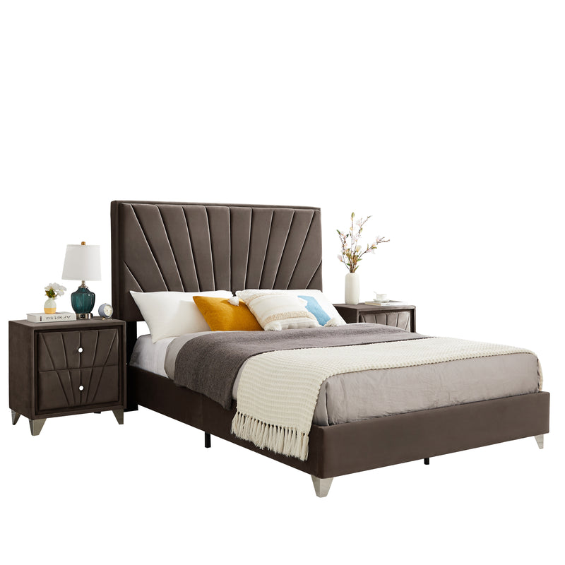 B108 Full bed with one nightstand, Beautiful line stripe cushion headboard , strong wooden slats + metal legs with Electroplate