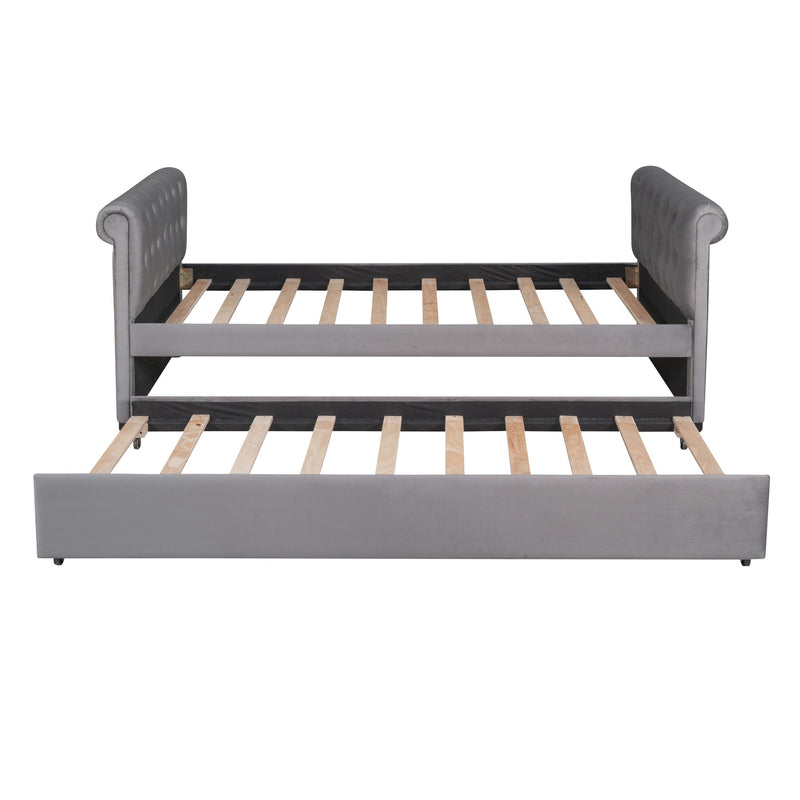 Upholstered Daybed With Trundle, Wood Slat Support