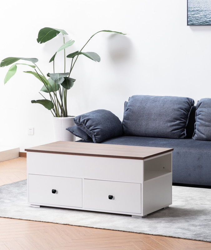 Luna - Coffee Table With Walnut Finish Lift Top, 2 Drawers, And 2 Shelves - White And Brown