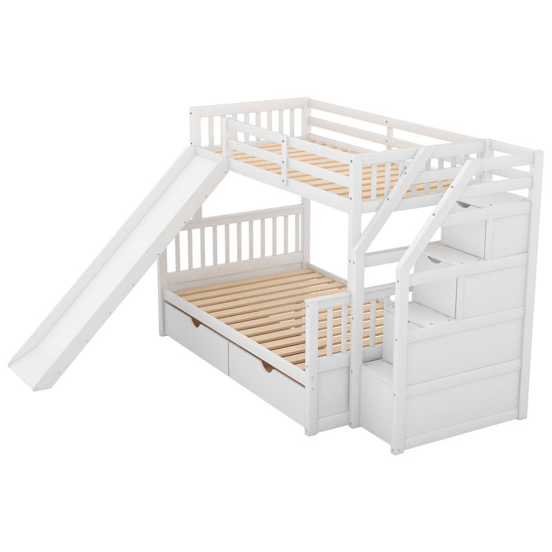 Twin over Full Bunk Bed with Drawers,Storage and Slide, Multifunction, White