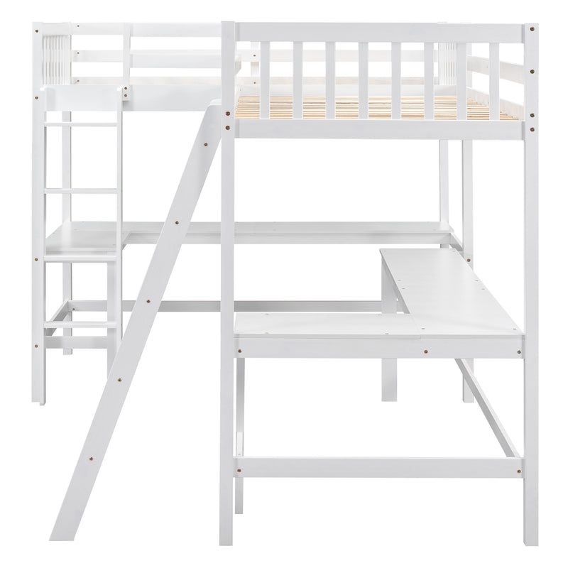 Wood Twin Size L-Shaped Loft Bed with Ladder and 2 Built-in L-Shaped Desks, White