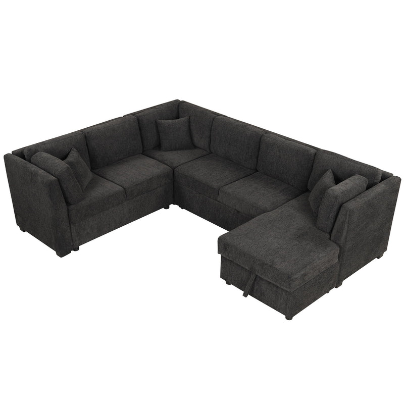 U-Shaped Sectional Sofa Pull Out Sofa Bed With Two USB Ports, Two Power Sockets, Three Back Pillows And A Storage Chaise For Living Room