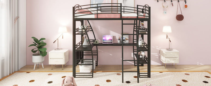 Loft Bed With 4 Layers Of Shelves And L-Shaped Desk, Stylish Metal Frame Bed With A Set Of Sockets, USB Ports And And Wireless Charging