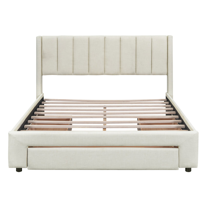 Queen Size Upholstered Platform Bed with One Large Drawer in the Footboard and Drawer on Each Side,Beige