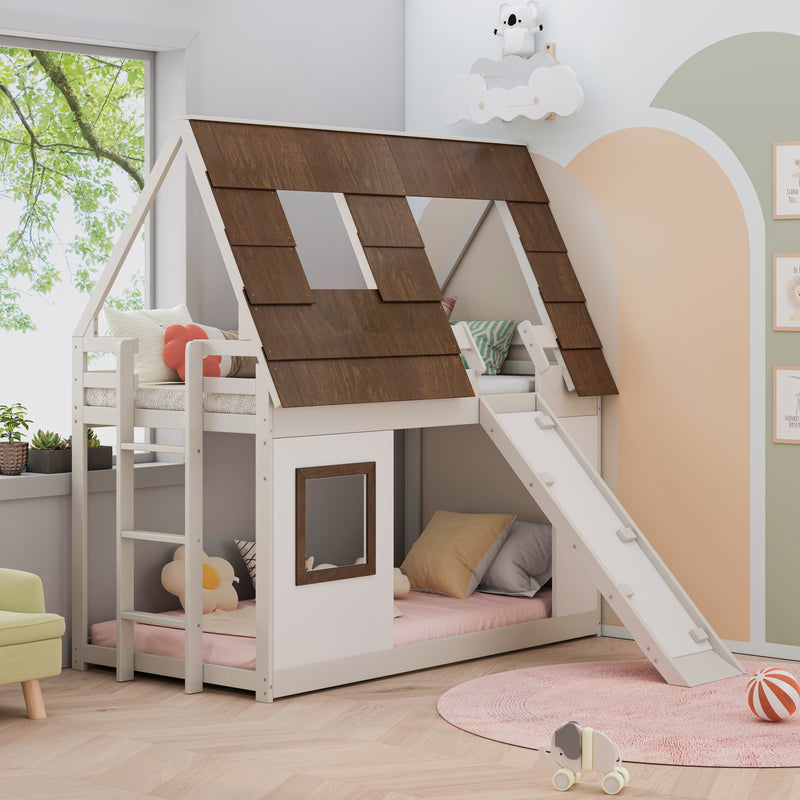 Cozy and Fun Wood Twin Size House Bunk Bed with Window Roof Shape Design with Ladder and Climbing Ramp, Brown+White