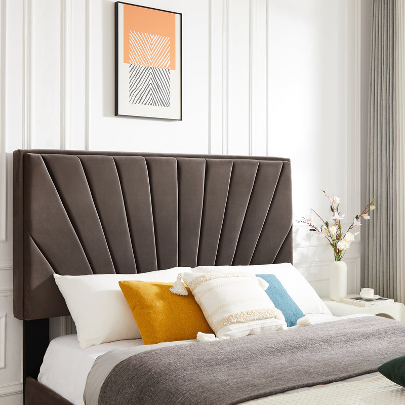 B108 King bed with two nightstands, Beautiful line stripe cushion headboard , strong wooden slats + metal legs with Electroplate