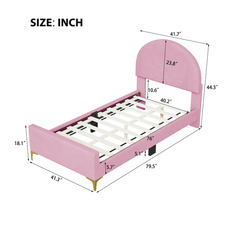 Twin Size Upholstered Platform Bed with Classic Semi-circle Shaped headboard and Mental Legs, Velvet, Pink