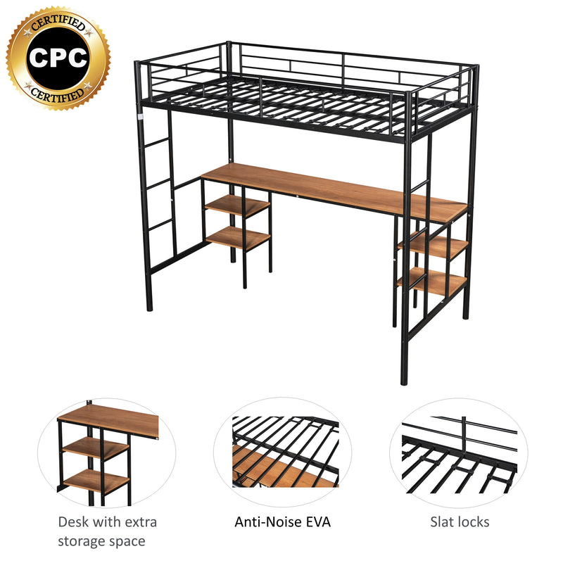 Twin-size Loft Bed with Table & Shelves/ Heavy-duty Sturdy Metal/ Built-in Table & Shelves/ Noise Reduced/ Safety Guardrail/ 2 Side Ladders/ CPC Certified/ No Box Spring Needed