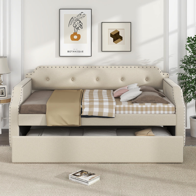 Upholstered Daybed with Trundle, Wood Slat Support,Upholstered Frame Sofa Bed, Twin, Beige