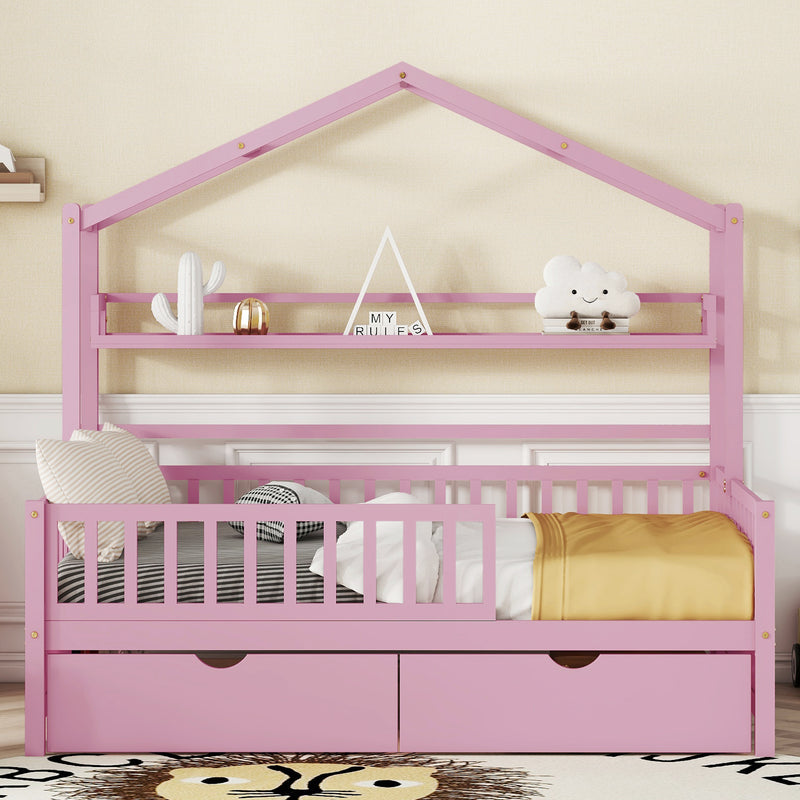 Wooden Full Size House Bed with 2 Drawers,Kids Bed with Storage Shelf, Pink