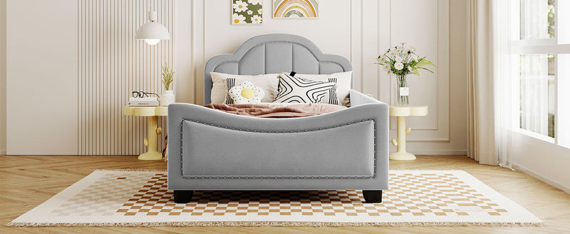 Twin Size Upholstered Daybed with Cloud Shaped Headboard, Embedded Elegant Copper Nail Design, Gray